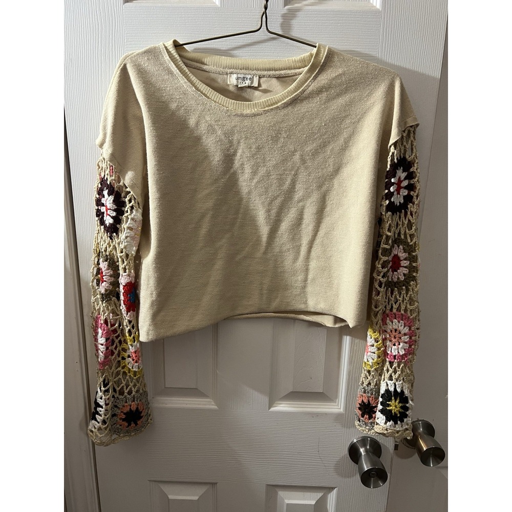 Umgee French Terry Crocheted Longsleeve‎ Top Crop Size Small